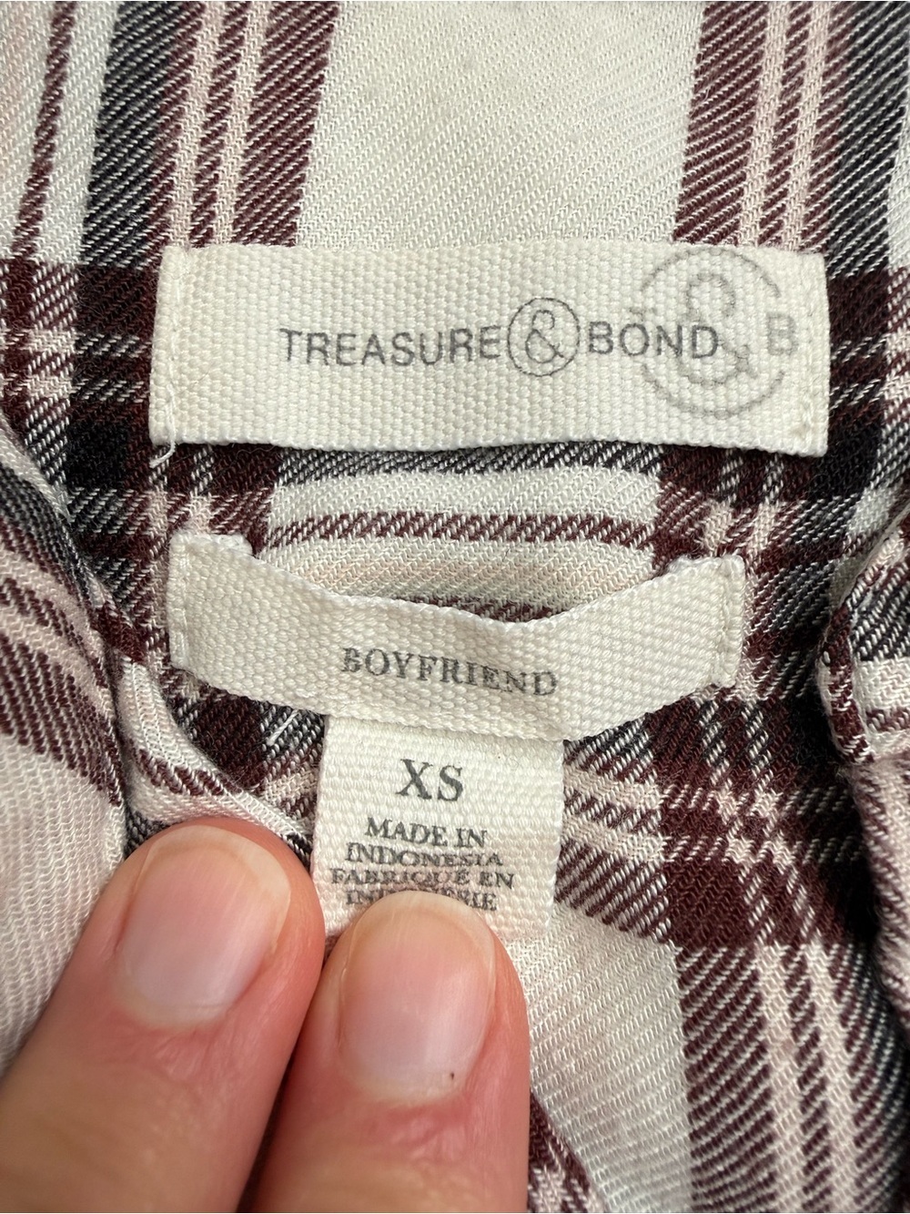 Treasure & Bond Boyfriend Plaid Flannel Shirt XS Rayon Blend Cream Burgundy Soft - Picture 7 of 8